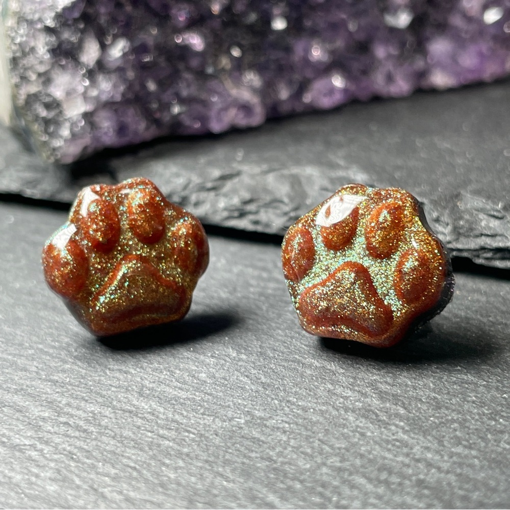 2/$18 Sparkling Reddish Brown Green Golden Glitter Paw Resin Stud Earrings - Picture 2 of 11